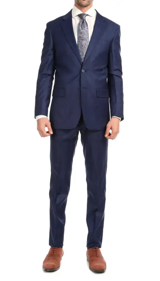 Ferrecci - Yves Premium Wool Plaid 2pc Slim Fit Suit Set: Blue Plaid / 40R/34W