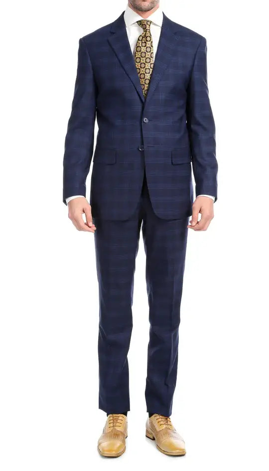 Ferrecci - Yves Premium Wool Plaid 2pc Slim Fit Suit Set: Blue Plaid / 40R/34W