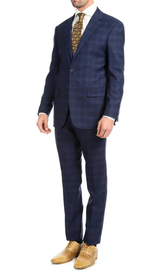 Ferrecci - Yves Premium Wool Plaid 2pc Slim Fit Suit Set: Blue Plaid / 40R/34W