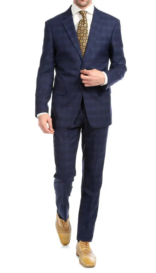 Ferrecci - Yves Premium Wool Plaid 2pc Slim Fit Suit Set: Blue Plaid / 40R/34W