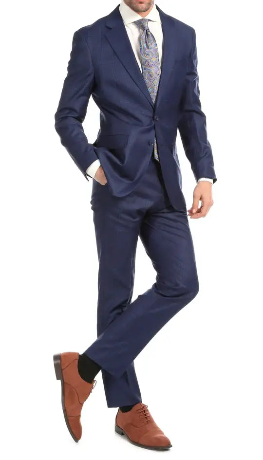 Ferrecci - Yves Premium Wool Plaid 2pc Slim Fit Suit Set: Blue Plaid / 40R/34W