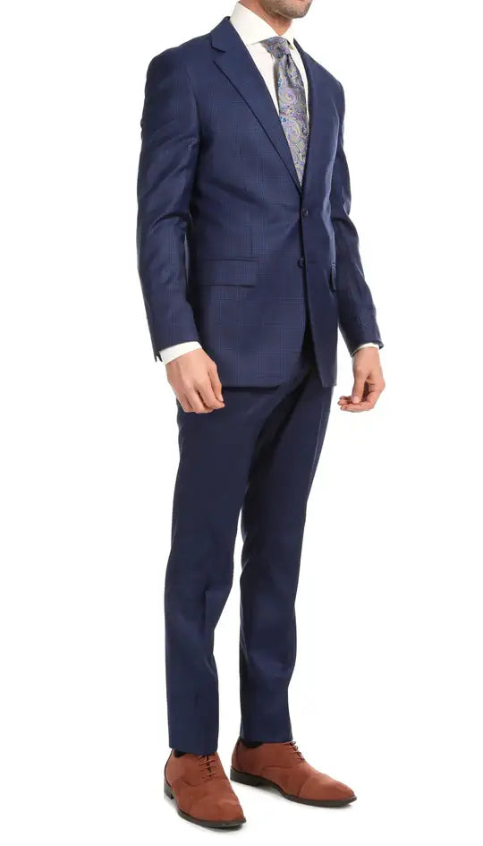 Ferrecci - Yves Premium Wool Plaid 2pc Slim Fit Suit Set: Blue Plaid / 40R/34W