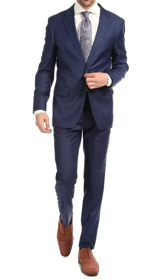 Ferrecci - Yves Premium Wool Plaid 2pc Slim Fit Suit Set: Blue Plaid / 40R/34W