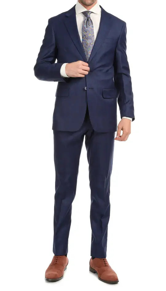 Ferrecci - Yves Premium Wool Plaid 2pc Slim Fit Suit Set: Blue Plaid / 40R/34W