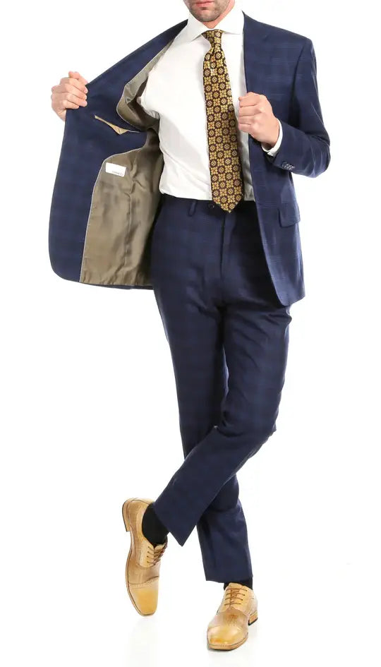 Ferrecci - Yves Premium Wool Plaid 2pc Slim Fit Suit Set: Blue Plaid / 40R/34W