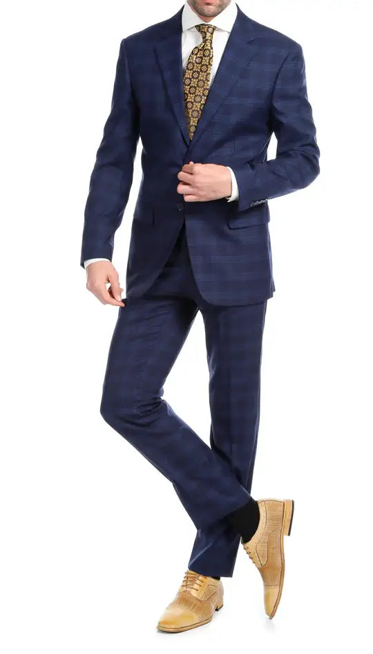 Ferrecci - Yves Premium Wool Plaid 2pc Slim Fit Suit Set: Blue Plaid / 40R/34W