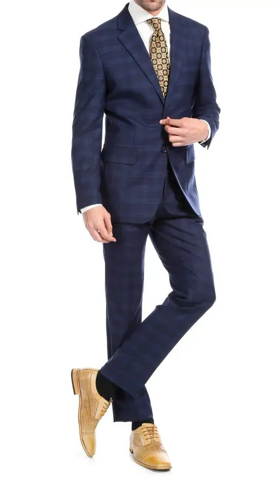 Ferrecci - Yves Premium Wool Plaid 2pc Slim Fit Suit Set: Blue Plaid / 40R/34W