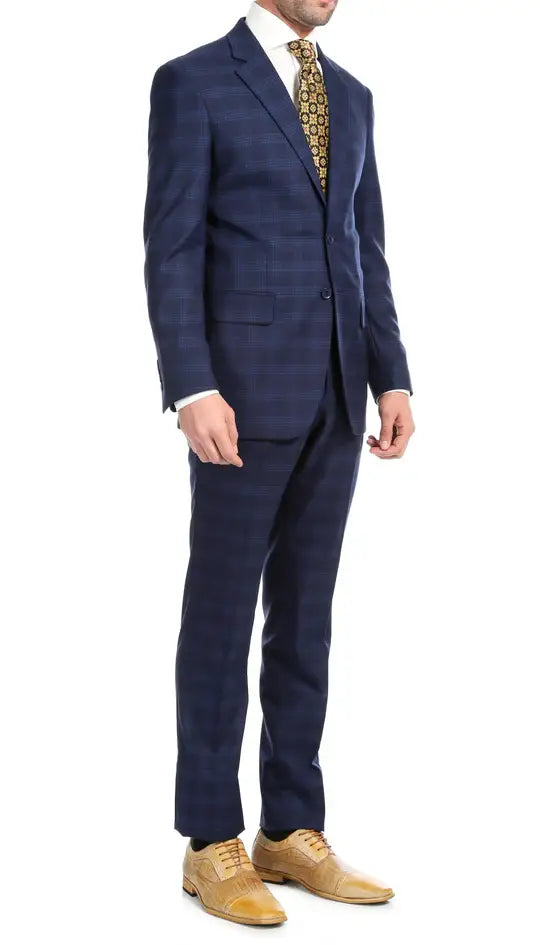Ferrecci - Yves Premium Wool Plaid 2pc Slim Fit Suit Set: Blue Plaid / 40R/34W